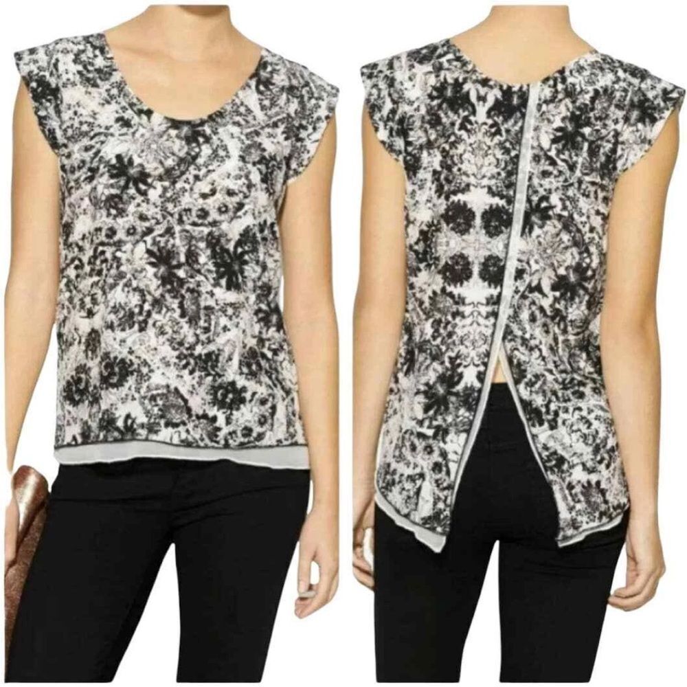 Rebecca Taylor Silk Kiku Print Floral Top Sleeveless Split Back Black Ivory Sz 2